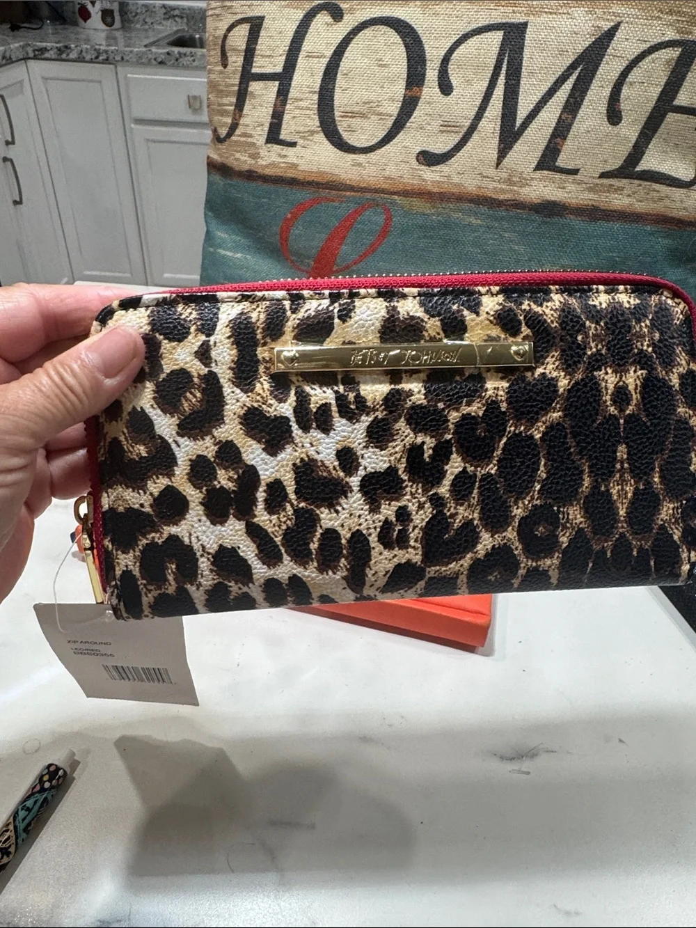 Betsey Johnson Leopard Print Zip Wallet with Pink Trim